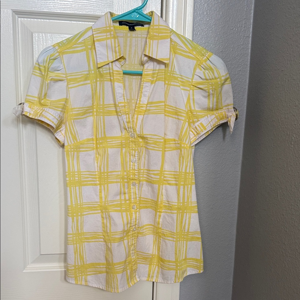 Express Yellow and White Plaid Button Down Shirt